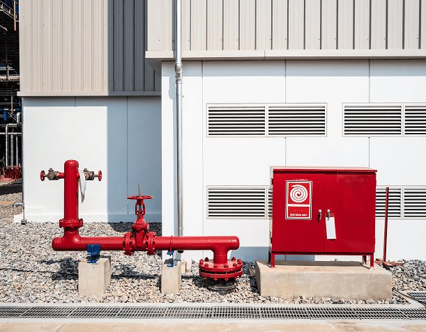 Red fire hydrant and hose box